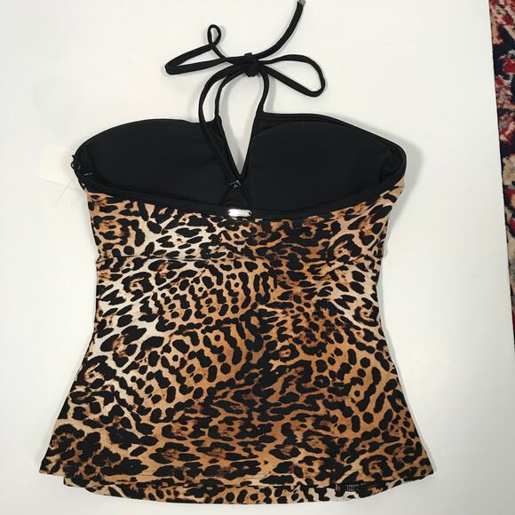 Calvin Klein Tankini Top Small Halter Bandeau Ruched V Notch Wire Animal Leopard - Picture 5 of 11